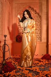 Pure Mustard Gold Diamond Iktara Tissue Banarasi Handloom Saree